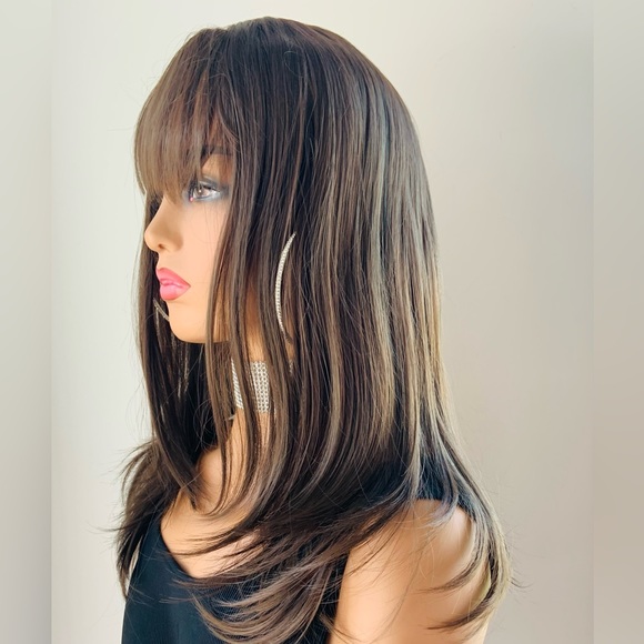 Brown “Put On & Go” Premium Fiber Wig with Bangs for Daily Wear or Events - Picture 4 of 5